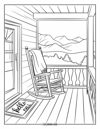 Coloriage Bonjour l'Automne pour enfants : Un rocking-chair et des feuilles d'automne reposent paisiblement sur une véranda en montagne