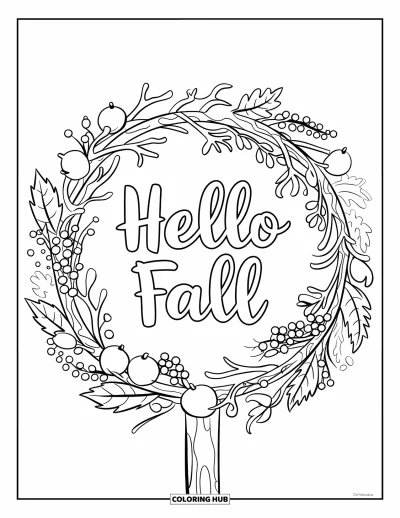 Coloriage Bonjour l'Automne pour enfants : Une couronne rustique avec le message « Hello Fall » est posée sur une planche pour une décoration douillette