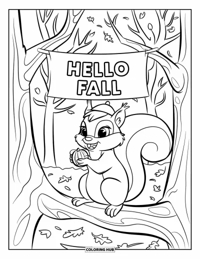 Coloriage Bonjour l'Automne pour enfants : Un écureuil coiffé d'un petit chapeau partage la gaieté de l'automne sous des feuilles volantes