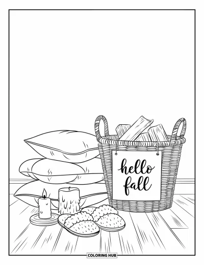 Coloriage Bonjour l'Automne pour enfants : Des coussins empilés et un panier de bûches accueillent l'automne avec un doux panneau