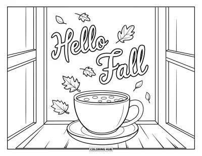 Coloriage Bonjour l'Automne pour enfants : Un chocolat chaud fumant près de la fenêtre apporte une atmosphère automnale apaisante
