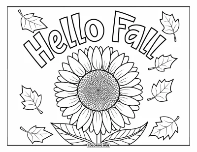 Coloriage Bonjour l'Automne pour enfants : Un tournesol et des feuilles virevoltent sous de jolies lettres automnales