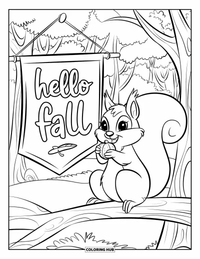 Coloriage Bonjour l'Automne pour enfants : Un écureuil sur une branche et une banderole colorée apportent une atmosphère chaleureuse d'automne