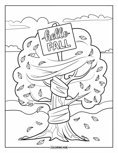 Coloriage Bonjour l'Automne pour enfants : Un tronc d'arbre porte une écharpe pendant que des feuilles tourbillonnent sous un panneau automnal lumineux