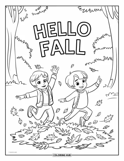 Coloriage Bonjour l'Automne pour enfants : Deux enfants sautent avec joie dans un tas de feuilles d'automne en forme de cœur