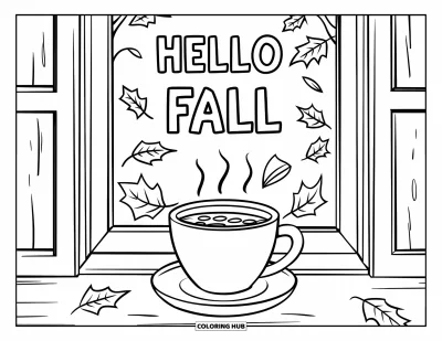 Coloriage Bonjour l'Automne pour enfants : Un chocolat chaud posé sur un rebord de fenêtre douillet avec des feuilles et un message d'automne