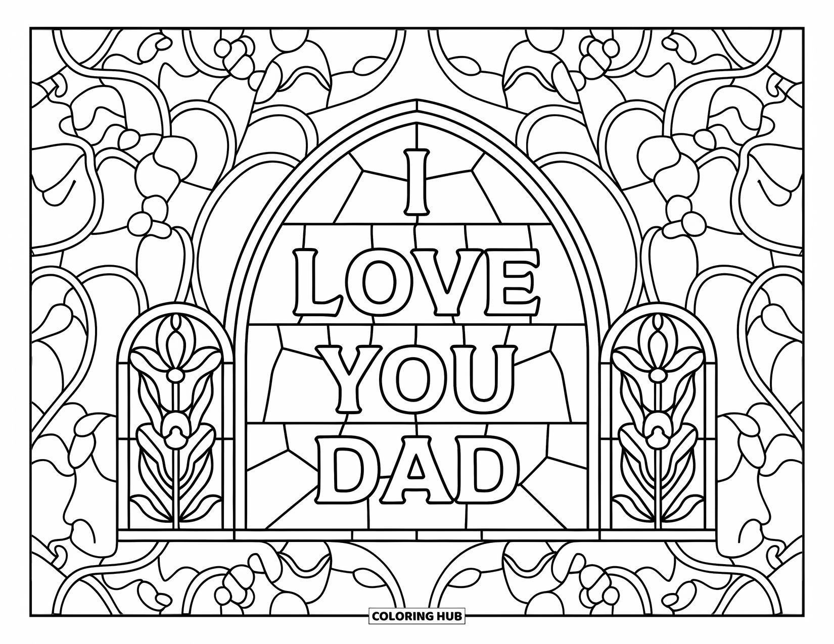 I Love You Dad Coloring Page for Adults: Arch design with flowers, vines, and "I Love You Dad"