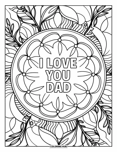 Målarbild med 'Jag älskar dig, pappa' för vuxna: Botanisk mandala med löv och rankor samt "I Love You Dad"