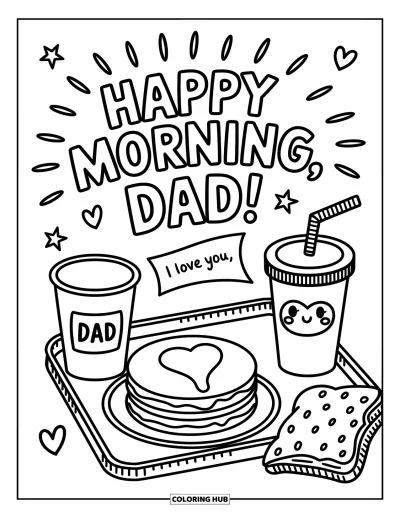 Målarbild med 'Jag älskar dig, pappa' för vuxna: Frukostbricka med pannkakor och "Happy Morning, Dad!" ovan