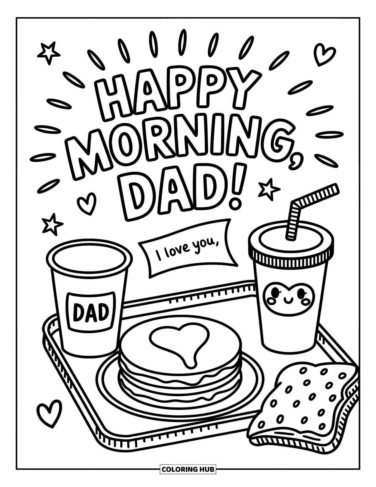I Love You Dad Coloring Page for Adults: Breakfast tray with pancakes and "Happy Morning, Dad!" above