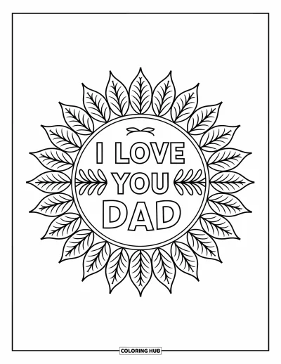 Målarbild med 'Jag älskar dig, pappa' för vuxna: Cirkelformad solstrålemandala med "I Love You Dad"