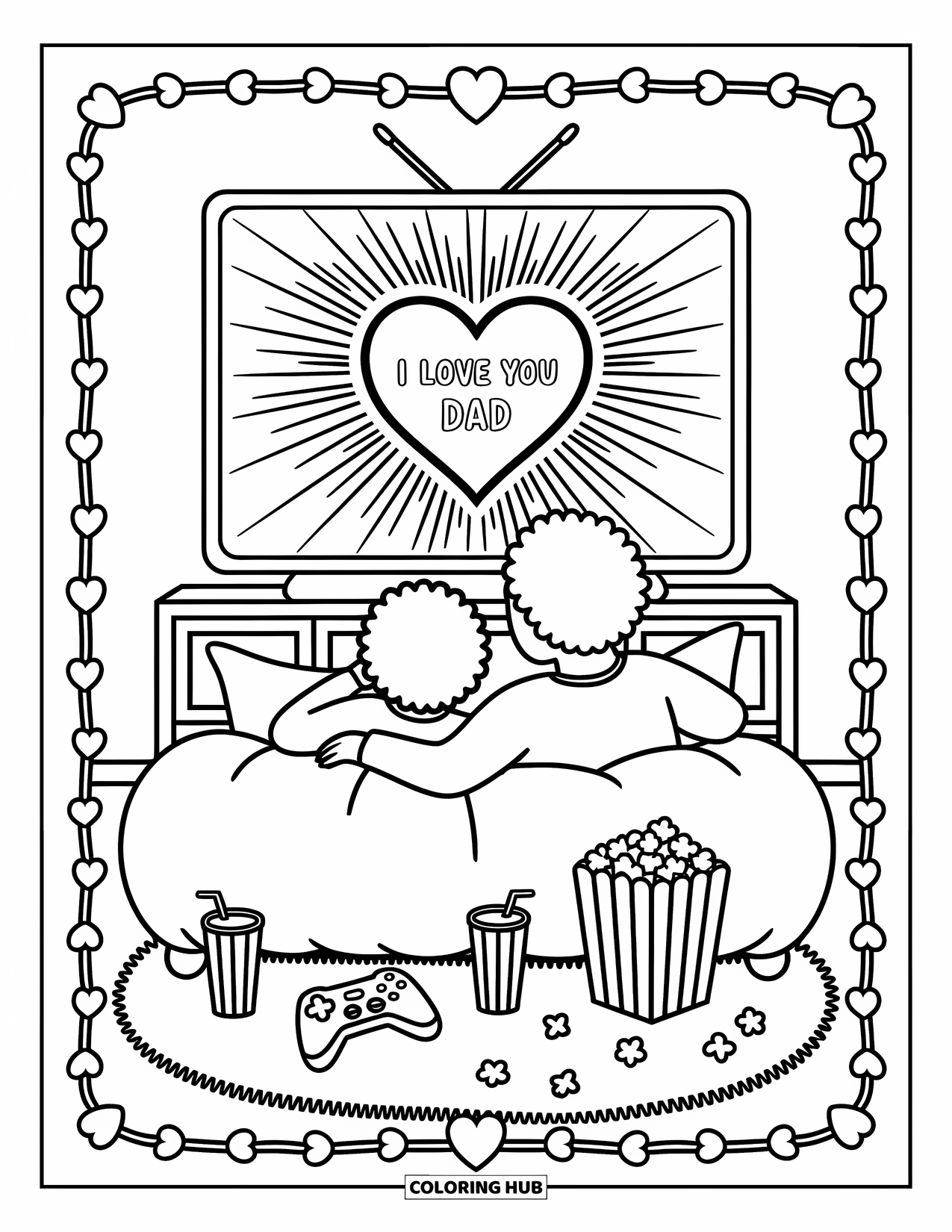 I Love You Dad Coloring Page for Adults: Dad and child cuddle on couch watching TV with "I Love You Dad"