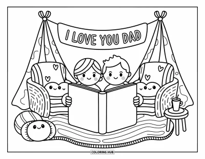 Målarbild med 'Jag älskar dig, pappa' för vuxna: Pappa och barn sitter i ett fort med banderoll som säger "I Love You Dad"
