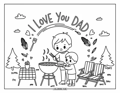 Målarbild med 'Jag älskar dig, pappa' för vuxna: Pappa vid grill som ler när barnet tar med mat