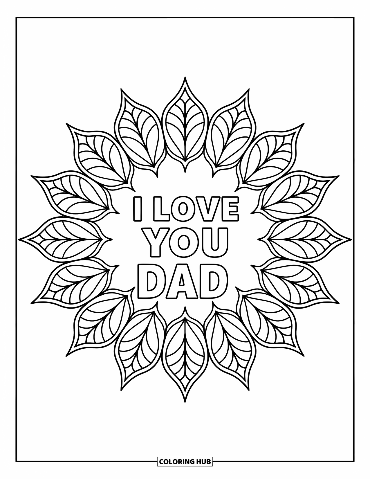 I Love You Dad Coloring Page for Adults: Detailed leaf mandala with bold "I Love You Dad"