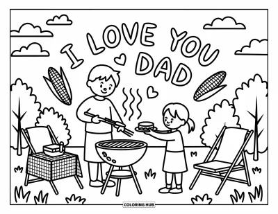 Målarbild med 'Jag älskar dig, pappa' för vuxna: Pappa lagar mat vid grillen medan barnet räcker fram en smörgås
