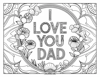 Målarbild med 'Jag älskar dig, pappa' för vuxna: Blomster- och filigrancirkel som ramar in "I Love You Dad"