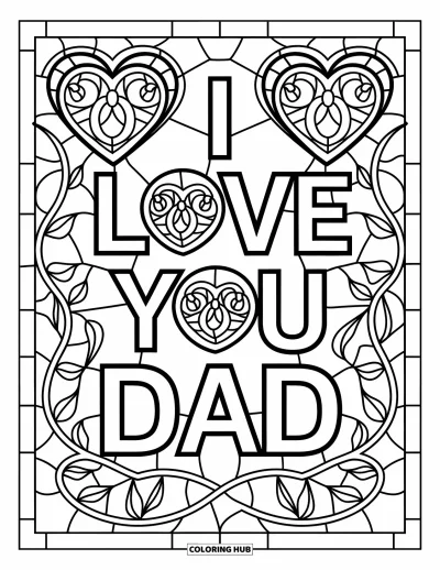 Målarbild med 'Jag älskar dig, pappa' för vuxna: Hjärtan och rankor omger "I Love You Dad"