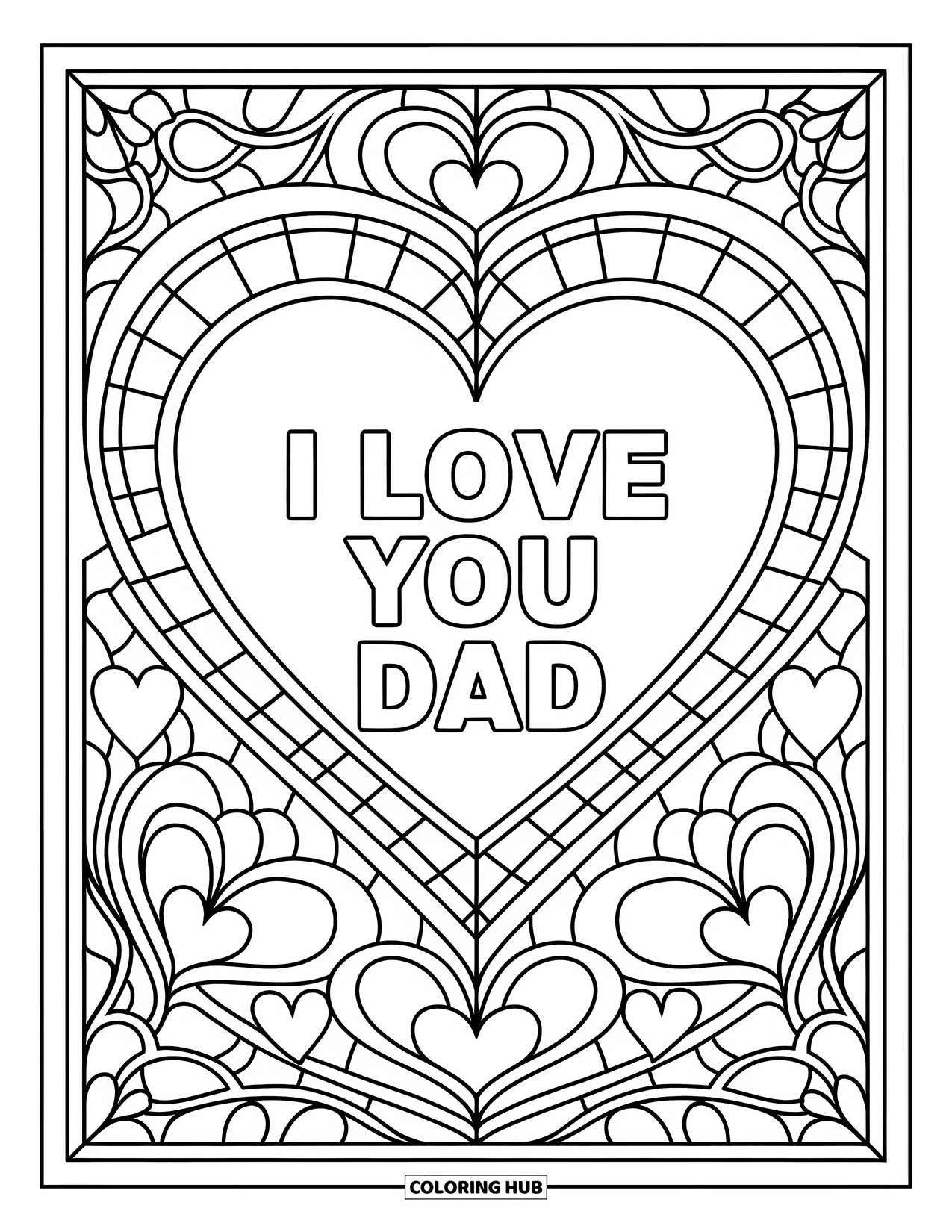 I Love You Dad Coloring Page for Adults: Intricate stained glass heart design with "I Love You Dad"