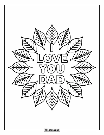 Målarbild med 'Jag älskar dig, pappa' för vuxna: Lövmandala med solstrålar och "I Love You Dad" i mitten