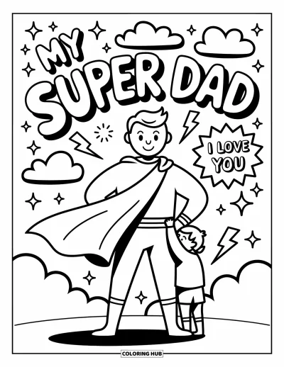 Målarbild med 'Jag älskar dig, pappa' för vuxna: Superpappa med cape, barn och serietidningsbokstäver