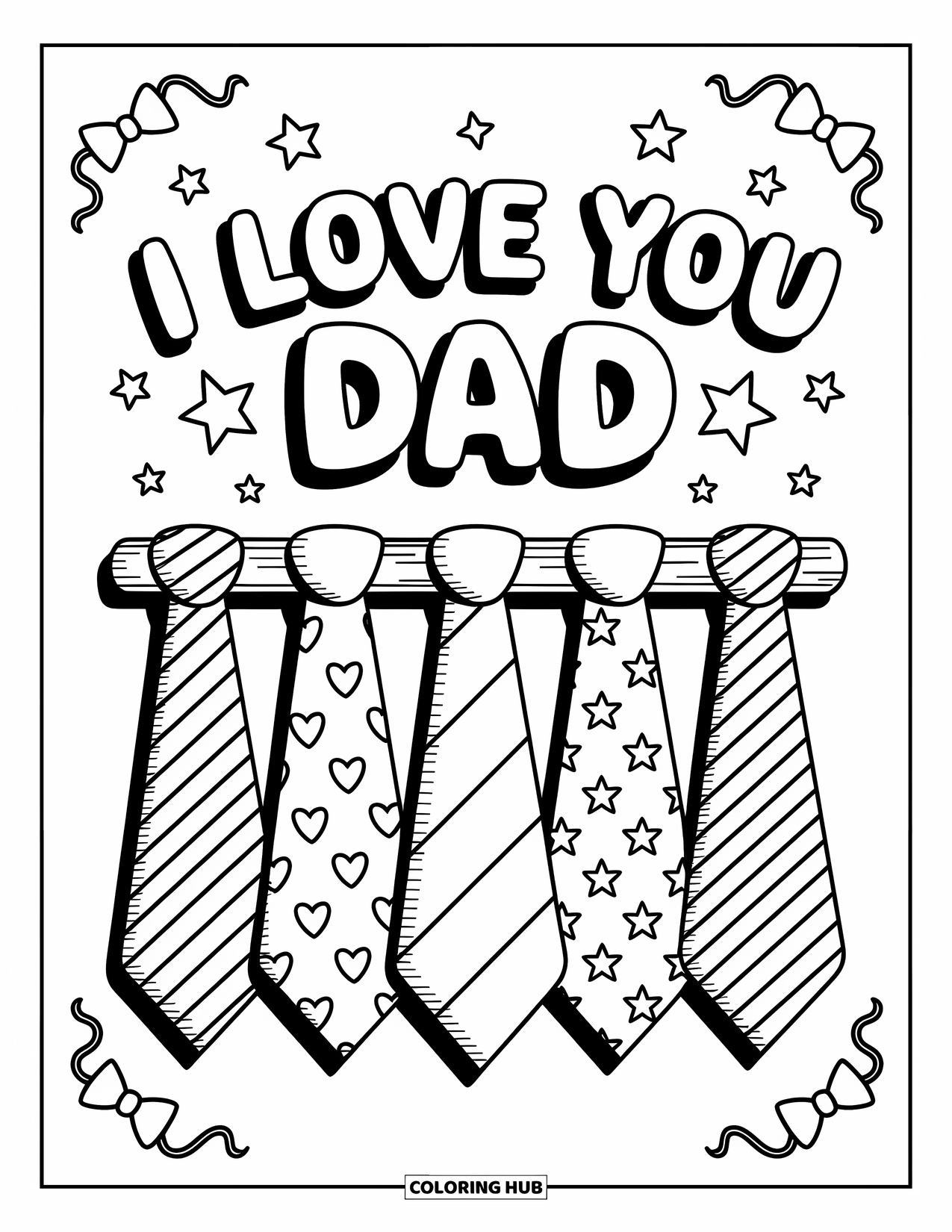 I Love You Dad Coloring Page for Adults: Tie rack illustration with "I Love You Dad" in playful letters