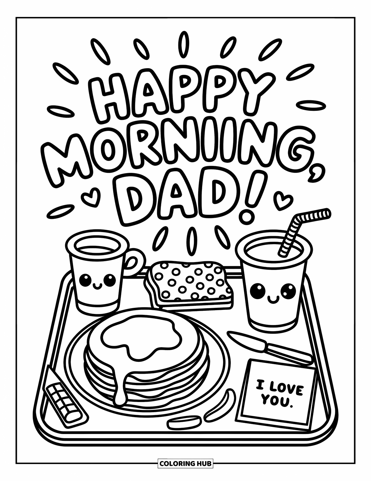 I Love You Dad Coloring Page for Adults: Tray with pancakes, cup labeled Dad, and note "I Love You"