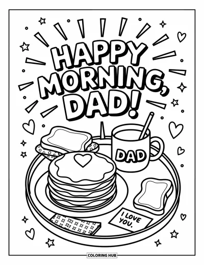 Målarbild med 'Jag älskar dig, pappa' för vuxna: Bricka med rostat bröd, pannkakor och en lapp med "I Love You"