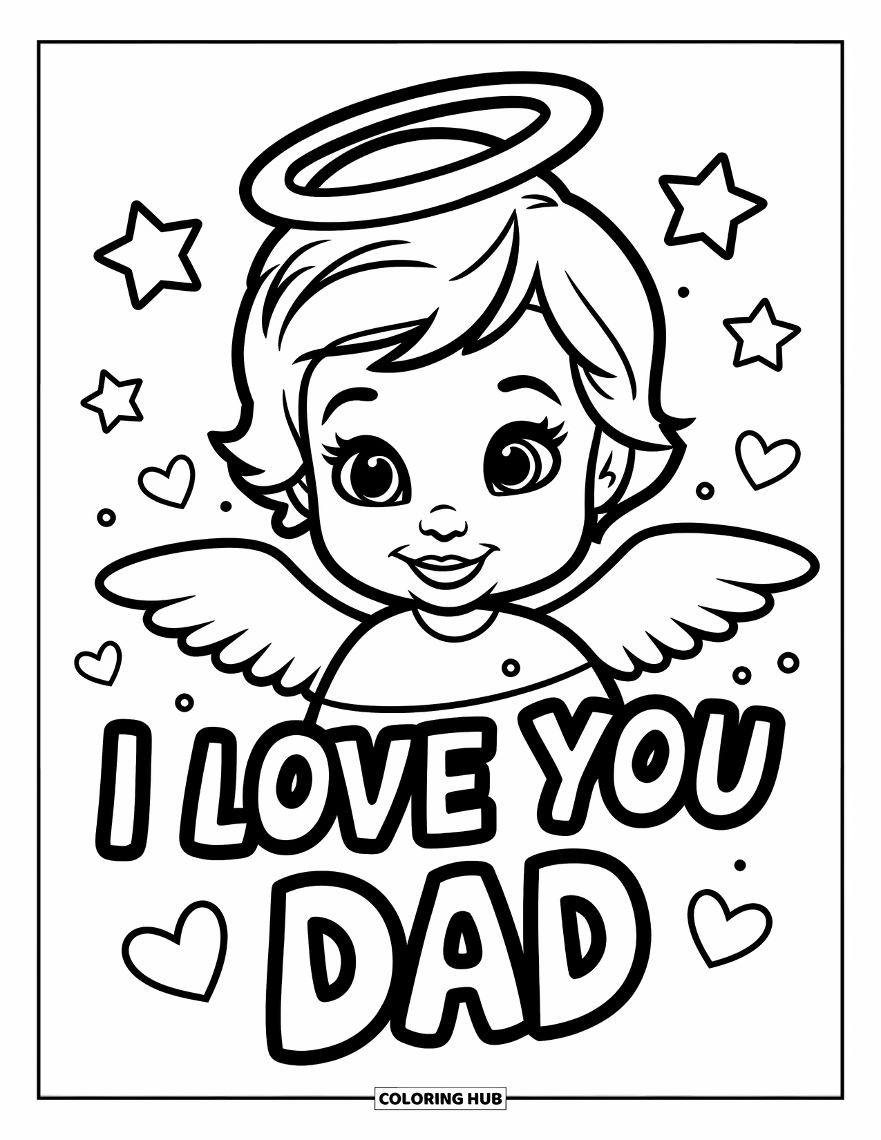 I Love You Dad Coloring Page for Kids: Angel child with halo says "I Love You Dad"