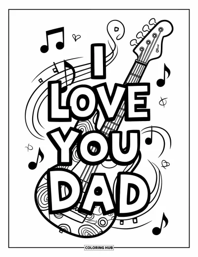 Målarbild med 'Jag älskar dig, pappa' för barn: Basgitarr omgiven av noter med "I Love You Dad"