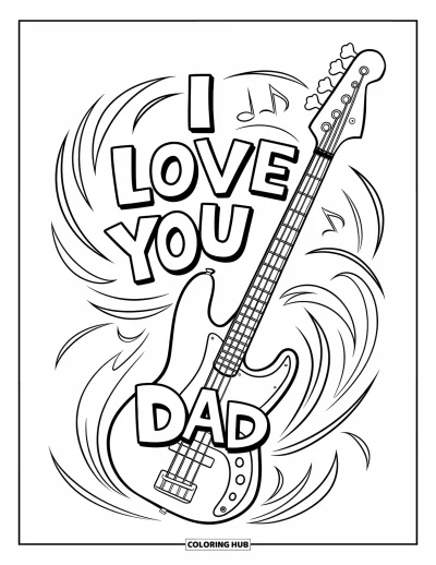 Målarbild med 'Jag älskar dig, pappa' för barn: Basgitarr med "I Love You Dad" skrivet på den