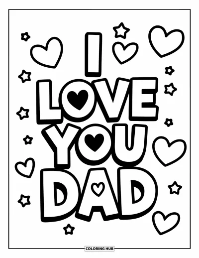 Målarbild med 'Jag älskar dig, pappa' för barn: Stor text med hjärtan som säger "I Love You Dad"