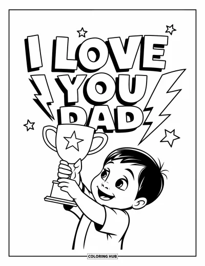 Målarbild med 'Jag älskar dig, pappa' för barn: Barn som håller pokal med "I Love You Dad"