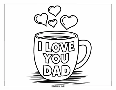 Målarbild med 'Jag älskar dig, pappa' för barn: Kaffemugg med ånghjärtan som säger "I Love You Dad"