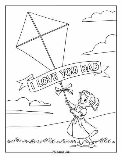 Målarbild med 'Jag älskar dig, pappa' för barn: Flicka med drakbanderoll som säger "I Love You Dad"