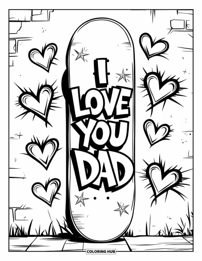Målarbild med 'Jag älskar dig, pappa' för barn: Graffiti-skateboarddesign som säger "I Love You Dad"
