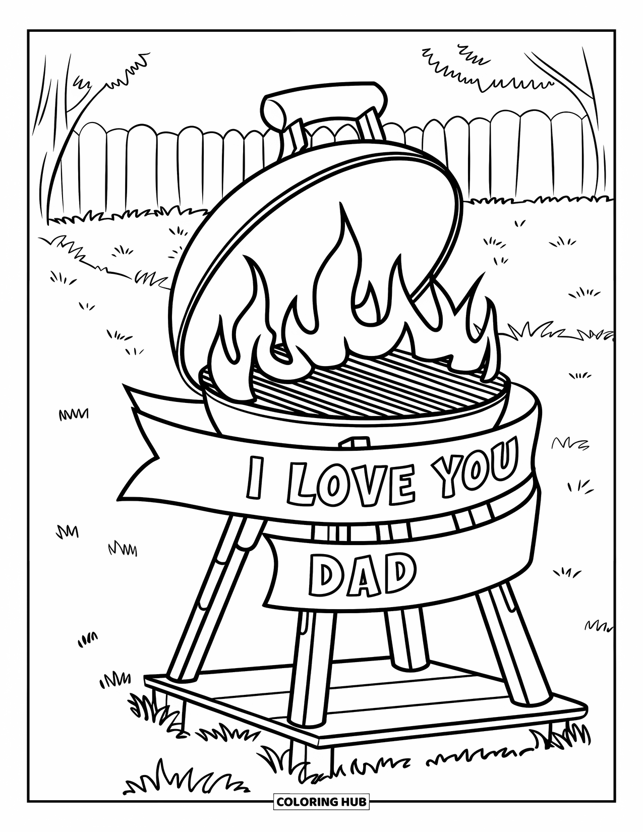 I Love You Dad Coloring Page for Kids: Grill with flames and ribbon "I Love You Dad"