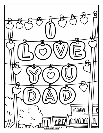 Målarbild med 'Jag älskar dig, pappa' för barn: Lampor i hjärtform stavar "I Love You Dad"