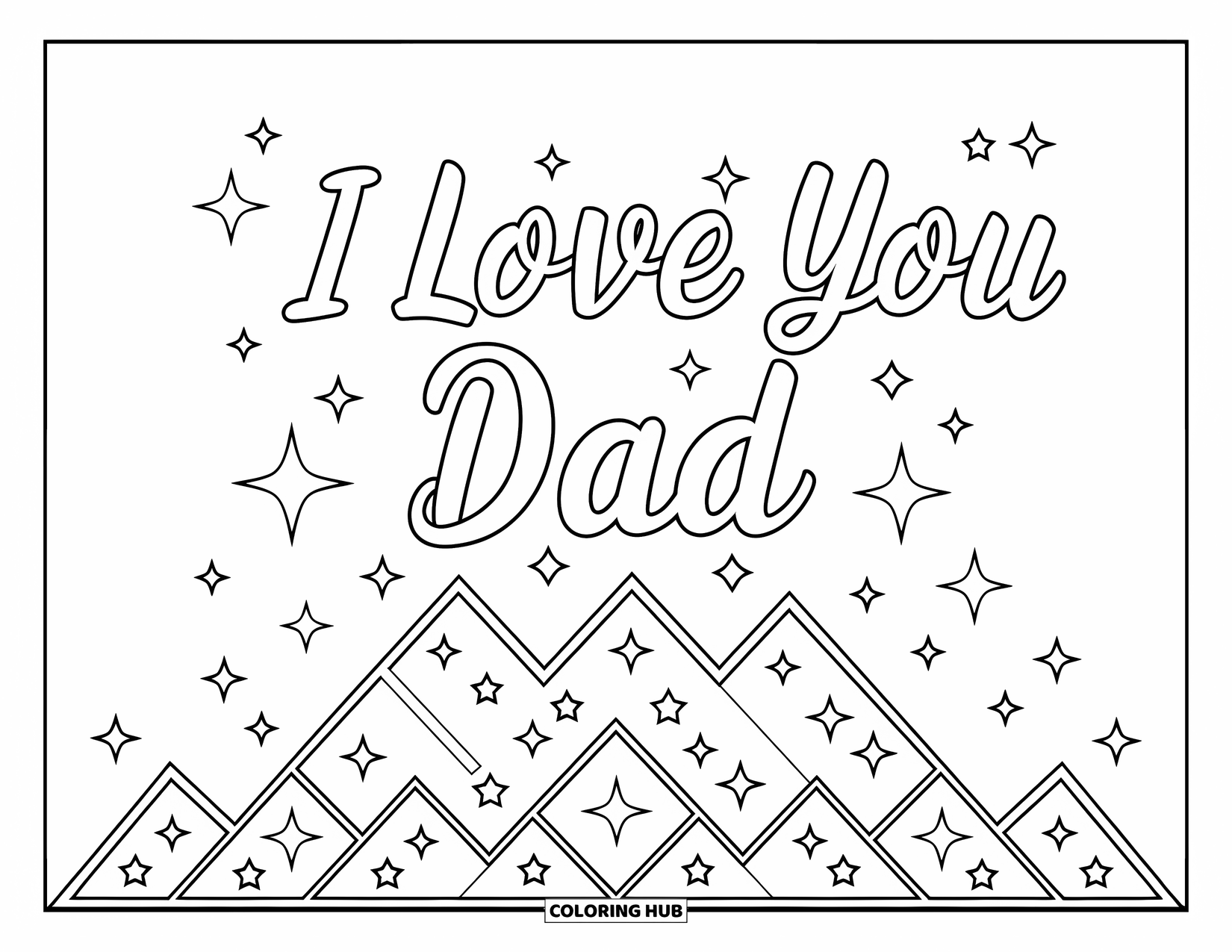 I Love You Dad Coloring Page for Kids: Mountains with stars above say "I Love You Dad"