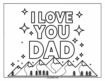 Målarbild med 'Jag älskar dig, pappa' för barn: Snöiga bergstoppar med "I Love You Dad" på himlen