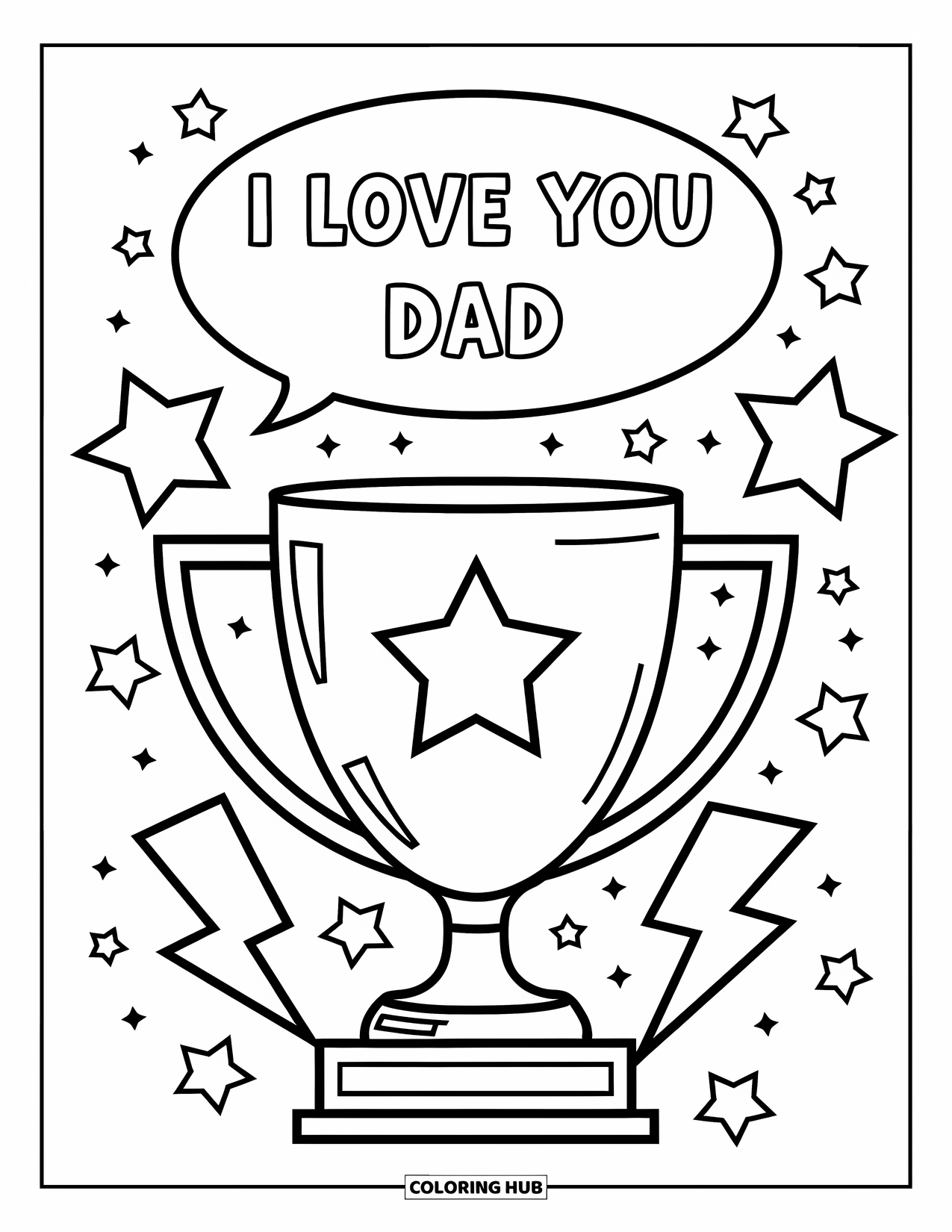 I Love You Dad Coloring Page for Kids: Trophy and bolts with "I Love You Dad"