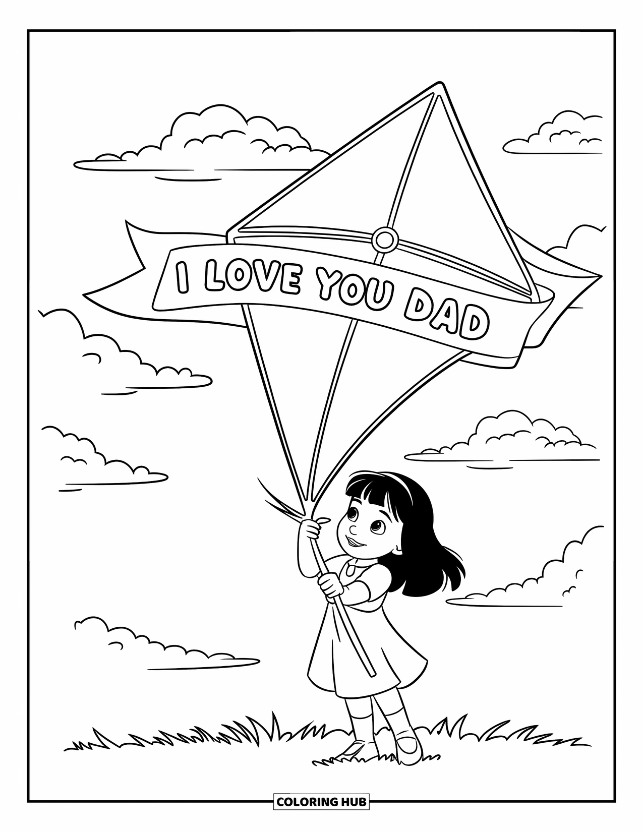 I Love You Dad Coloring Page for Kids: Young girl flying kite with "I Love You Dad"