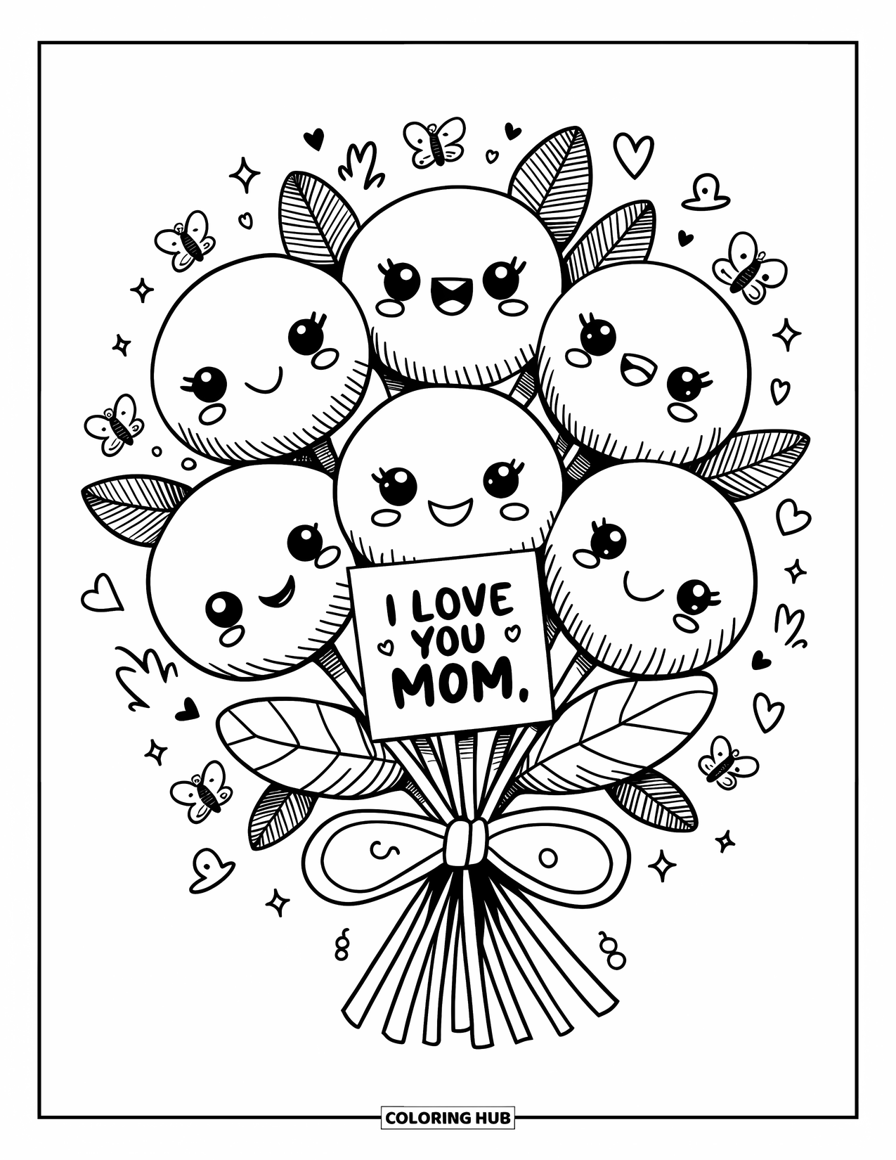 I Love You Mom Coloring Page for Adults: A big bouquet of kawaii flowers tied with a tag that says "I Love You Mom"