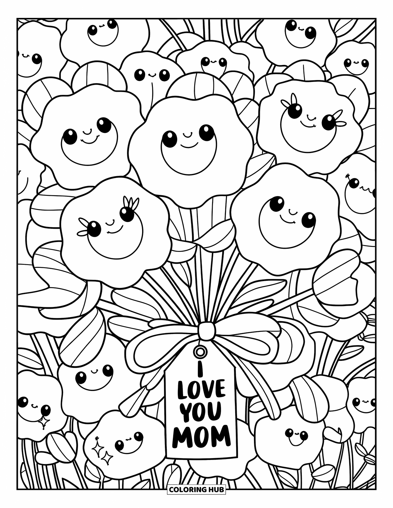 I Love You Mom Coloring Page for Adults: A big bouquet with cute petals and a bow tied with "I Love You Mom"