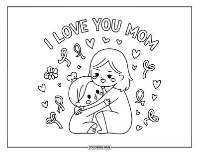 Omalovánka „Miluji tě, mami“ pro dospělé: Dítě objímá maminku pod transparentem s nápisem „I Love You Mom“