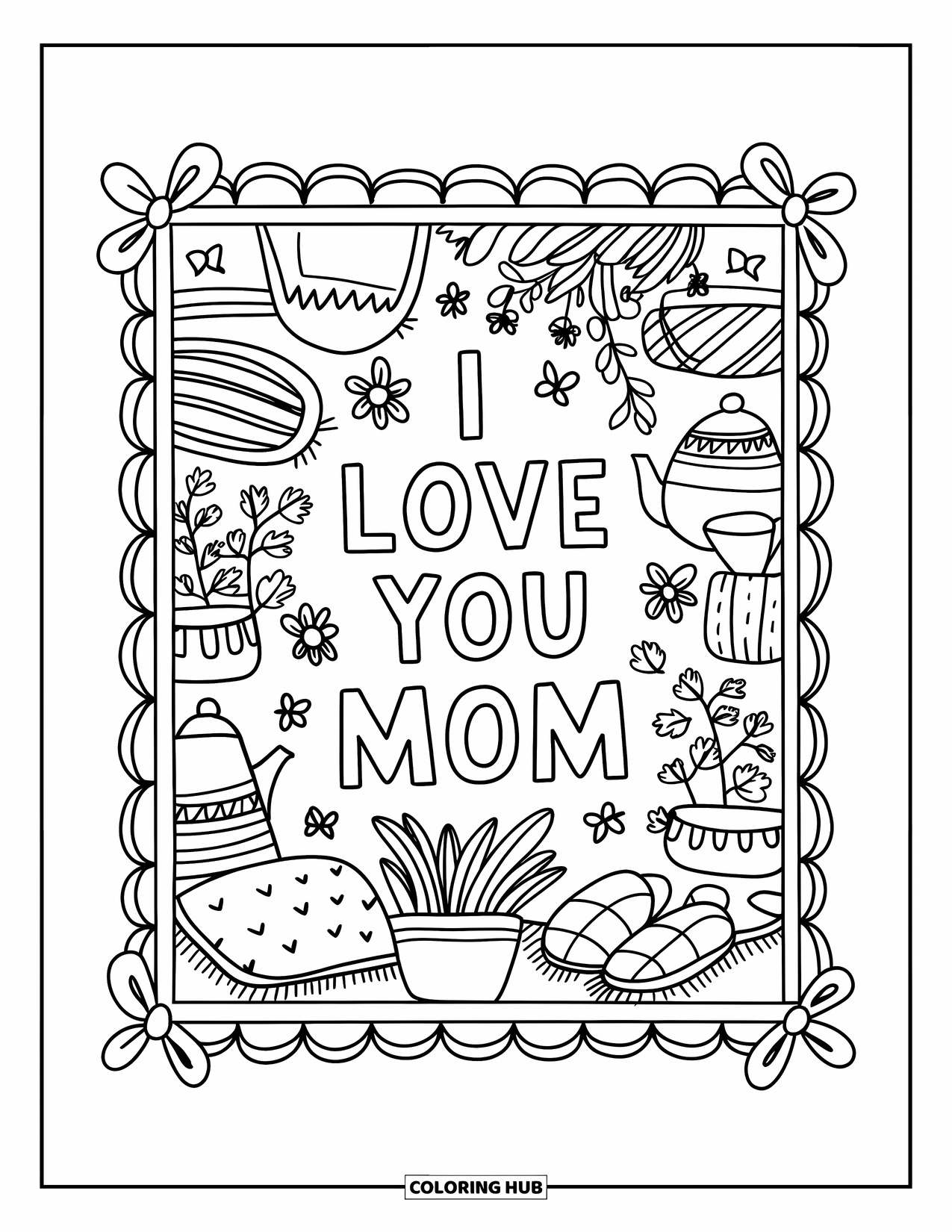 I Love You Mom Coloring Page for Adults: A framed design with cozy doodles and "I Love You Mom" in the center