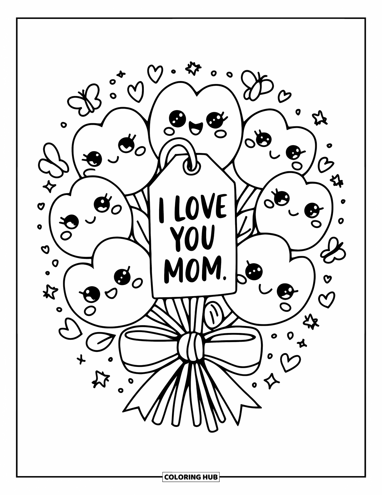 I Love You Mom Coloring Page for Adults: A kawaii bouquet with sparkles and a tag reading "I Love You Mom"