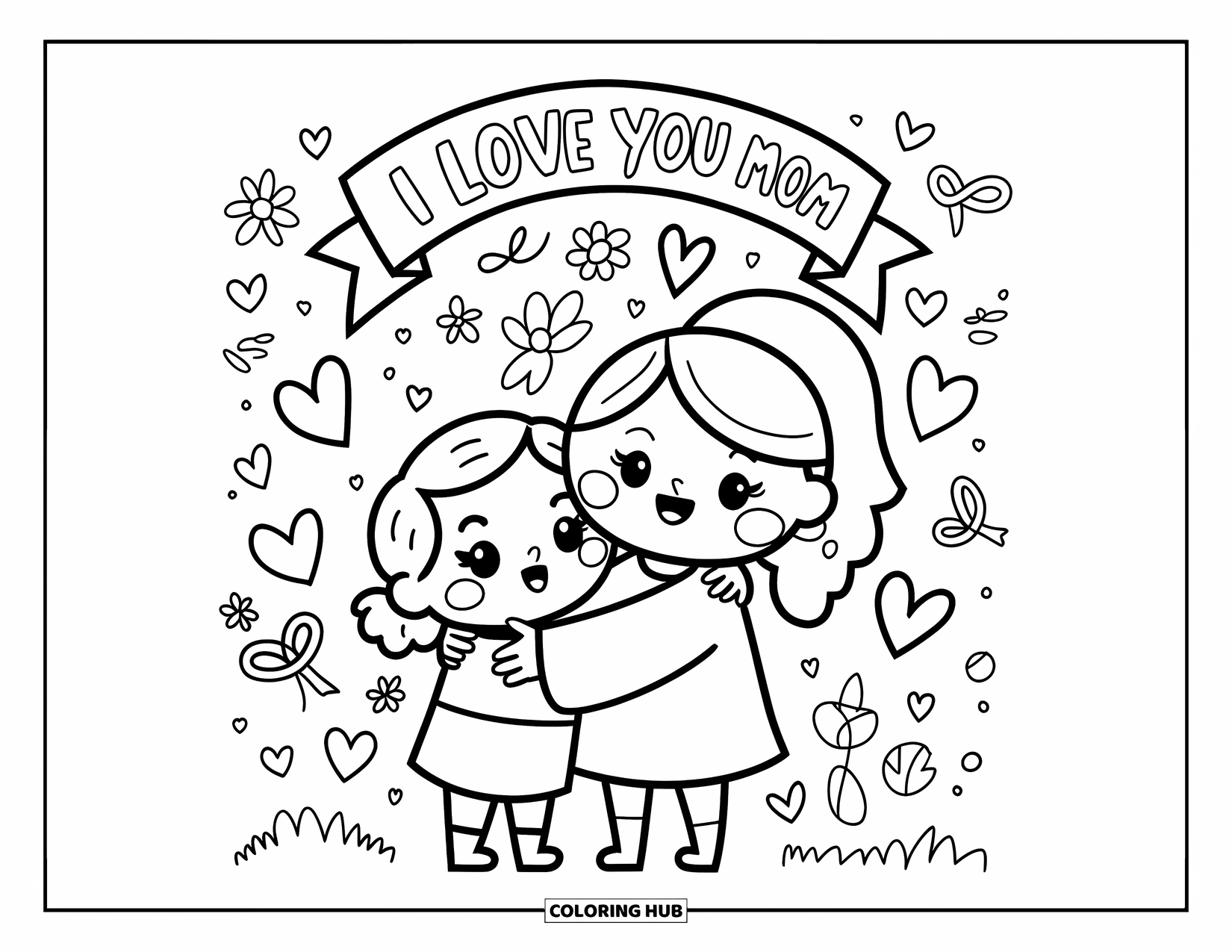 I Love You Mom Coloring Page for Adults: A kawaii child hugging their mom with hearts, flowers, and "I Love You Mom"