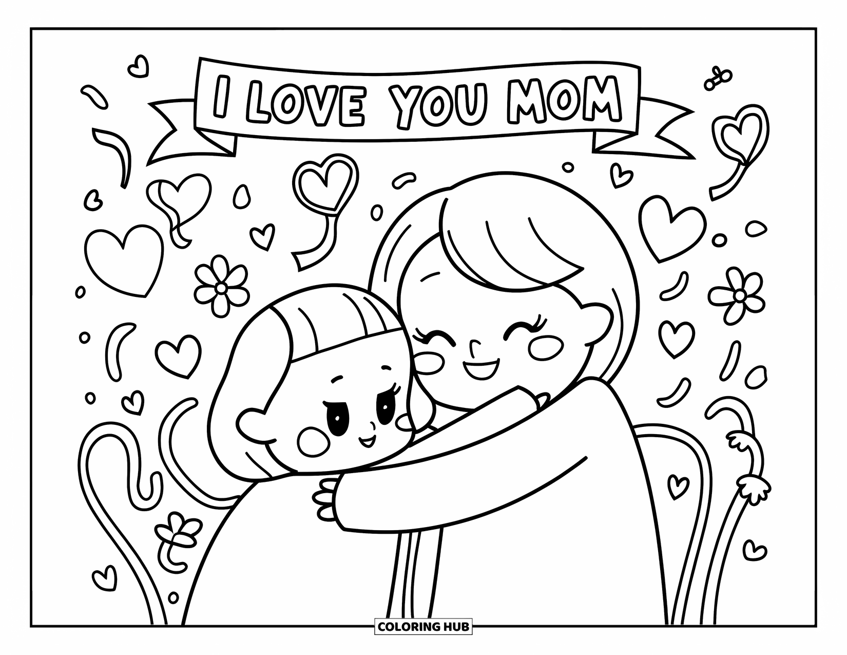 I Love You Mom Coloring Page for Adults: A sweet hug with ribbons, doodles, and "I Love You Mom" above