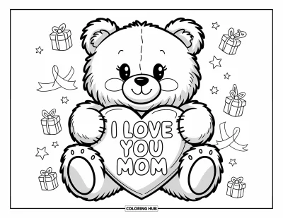 Omalovánka „Miluji tě, mami“ pro dospělé: Medvídek drží velký polštář ve tvaru srdce s nápisem „I Love You Mom“